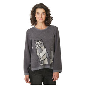 DG2 Diane Gilman Women's Large Faux Mink Animal Swing Sweater Gray Cat Pullover
